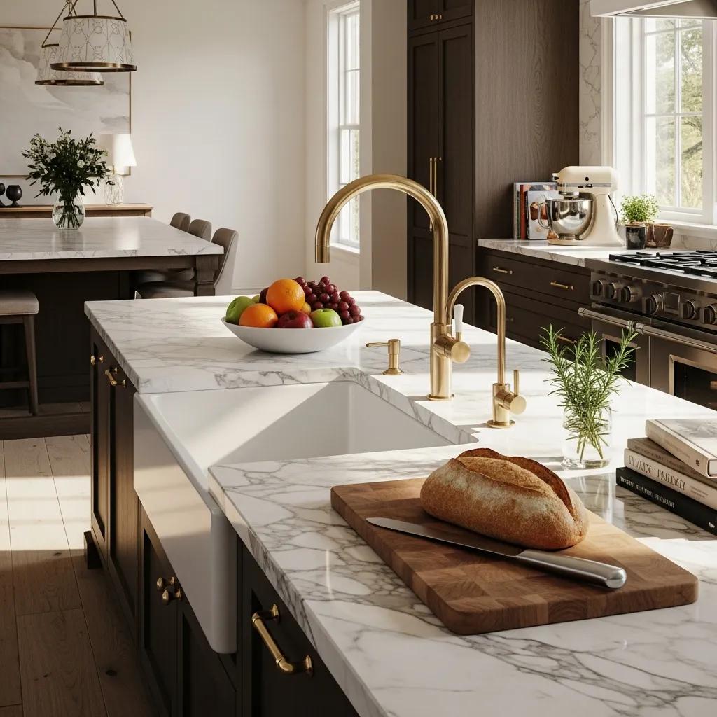 Elegant marble countertop in a luxurious kitchen, emphasizing the beauty of luxury stone surfaces