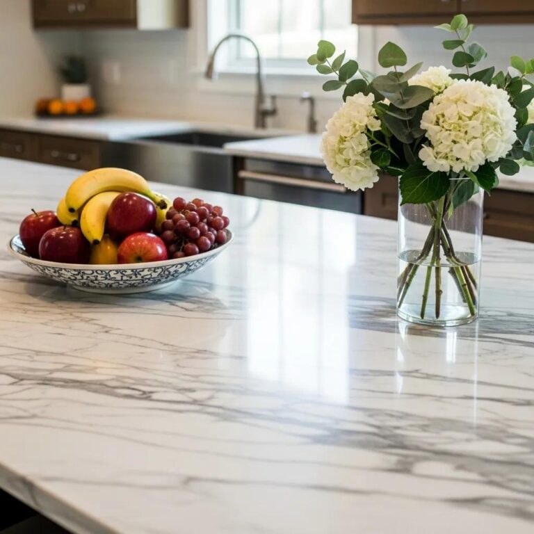Elegant marble countertop in a modern kitchen, highlighting its natural beauty and shine