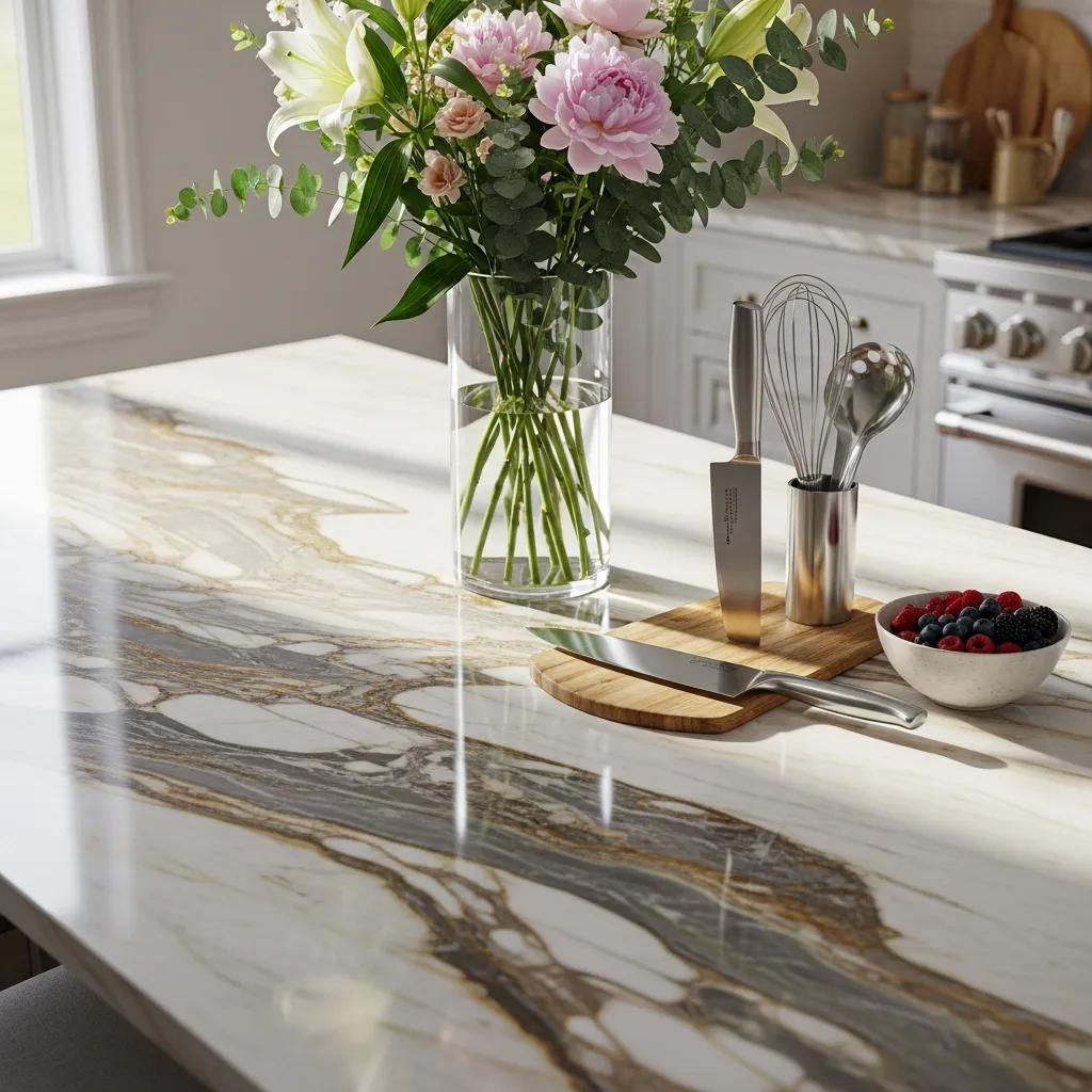 Elegant marble countertop in a modern kitchen, showcasing premium marble protection