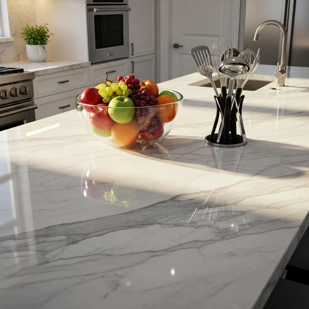 Gleaming marble countertop in a modern kitchen, highlighting the importance of anti-etch sealing
