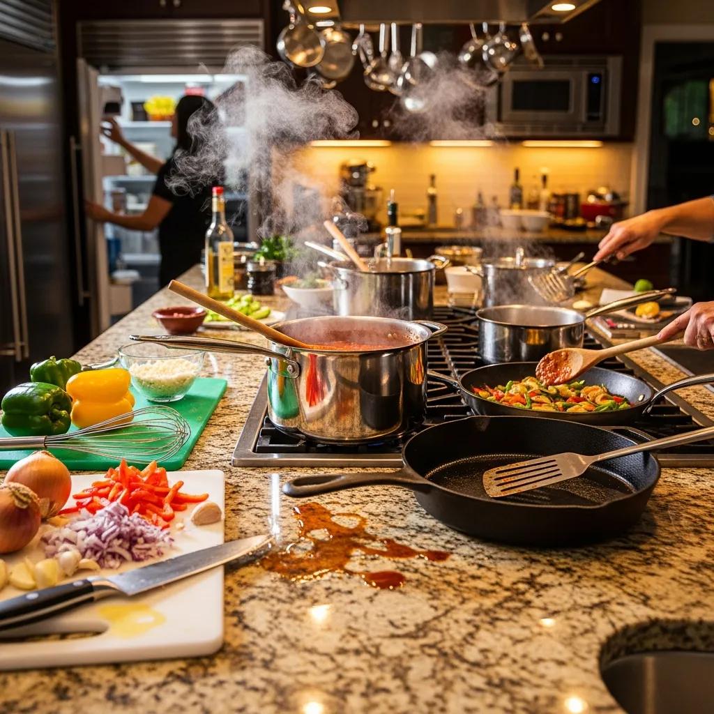 Granite countertop in a busy kitchen showcasing heat resistance and durability