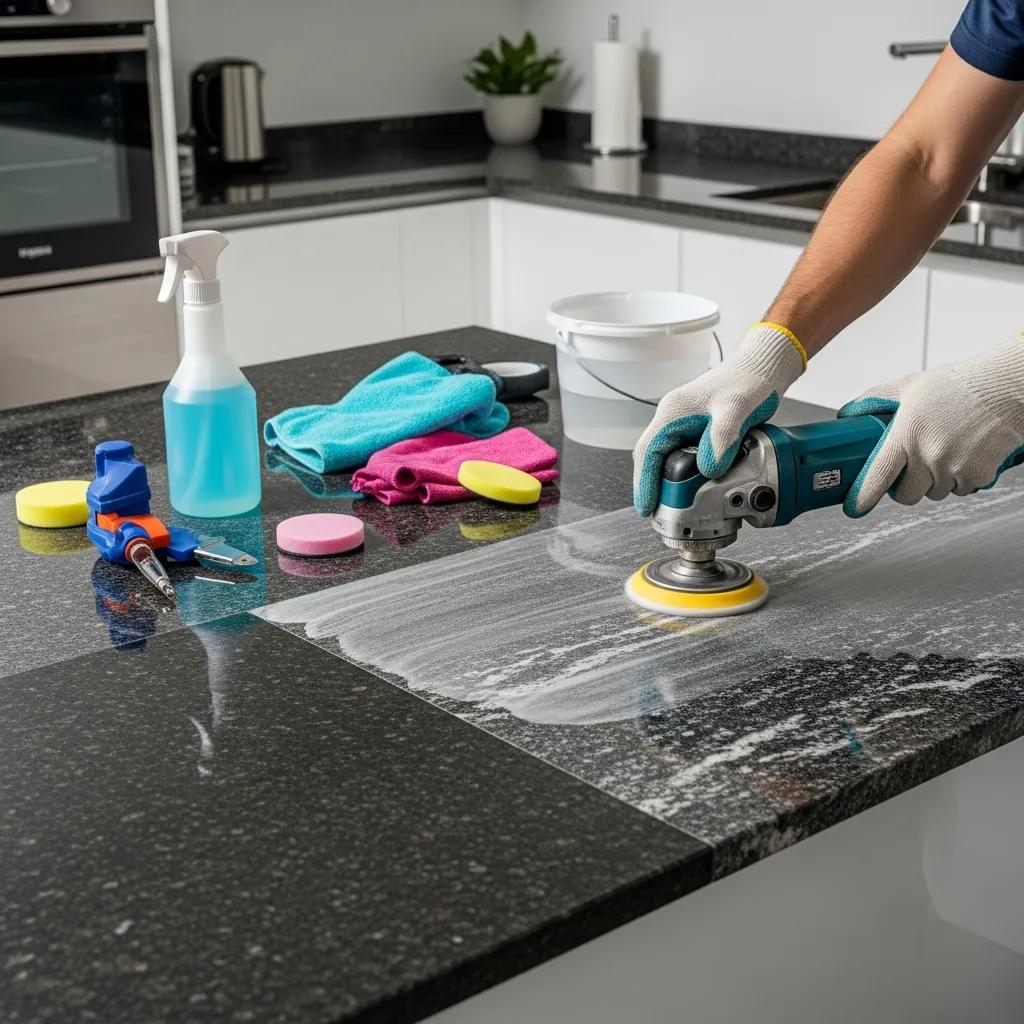 Granite countertop restoration process with a professional applying polish in a modern kitchen