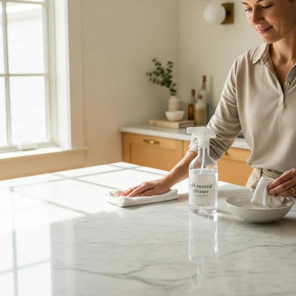 Homeowner cleaning anti-etch treated marble surface with pH-neutral cleaner, emphasizing maintenance tips