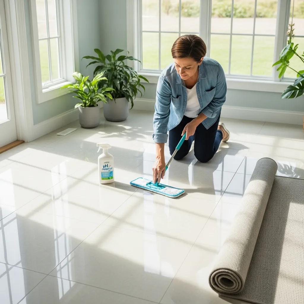 Homeowner maintaining polished stone floors with pH-neutral cleaner