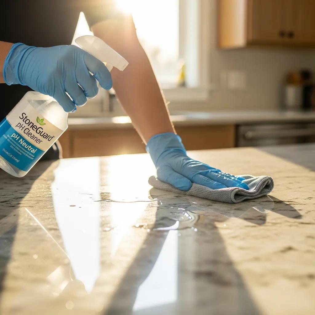 Homeowner maintaining polished stone surfaces with pH-neutral cleaner