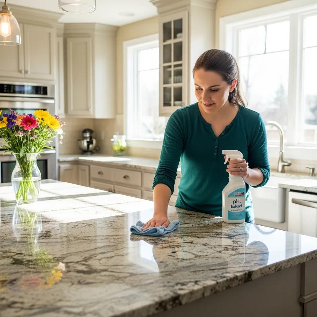 Homeowner maintaining restored granite countertop with gentle cleaning