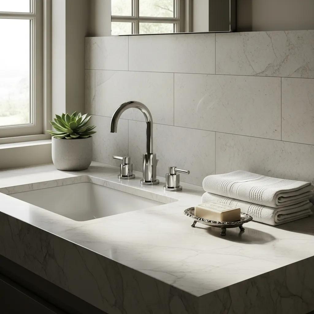 Honed marble and limestone countertop in a stylish bathroom, showcasing the soft sheen and elegant design
