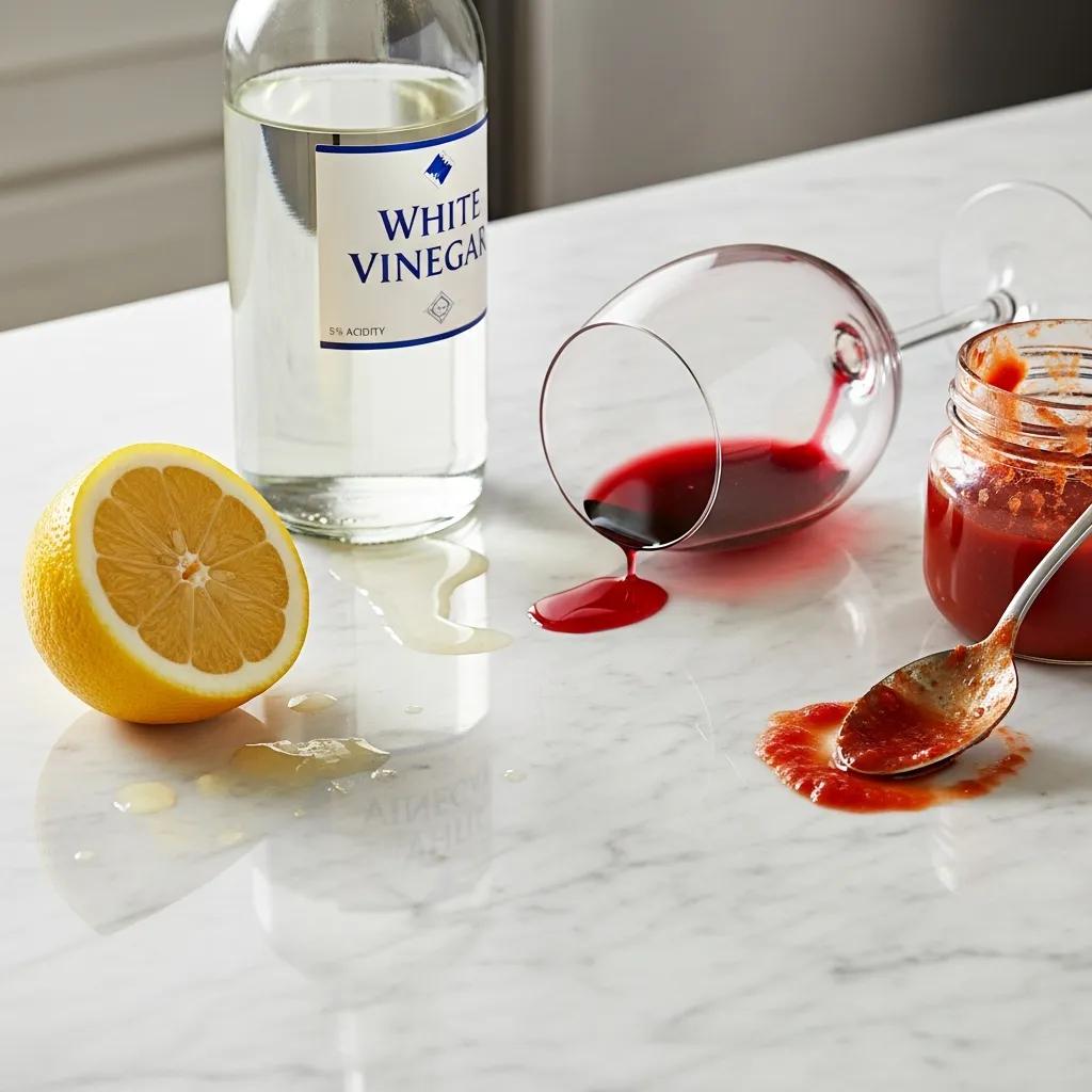 Household items like lemon, vinegar, and wine on marble, illustrating potential etching risks