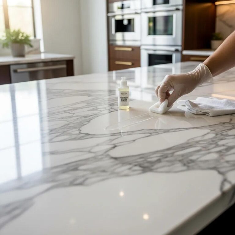 Luxurious marble countertop being treated with anti-etch sealing in a modern kitchen