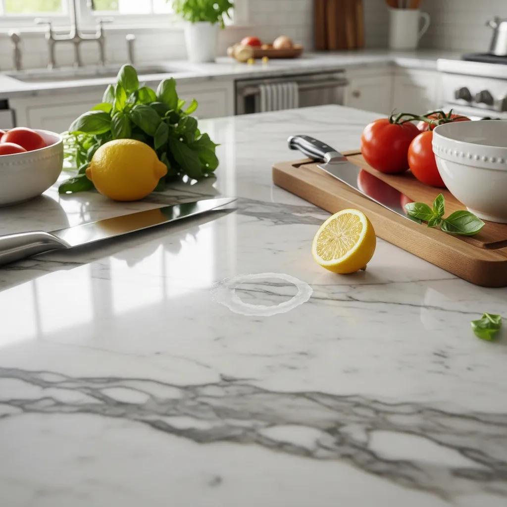 Luxurious marble countertop in a bright kitchen, highlighting the beauty and vulnerability of stone surfaces