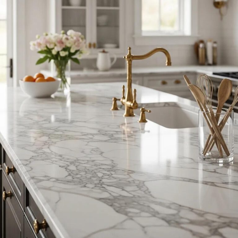 Luxury marble countertop in a modern kitchen emphasizing anti-etch sealing benefits
