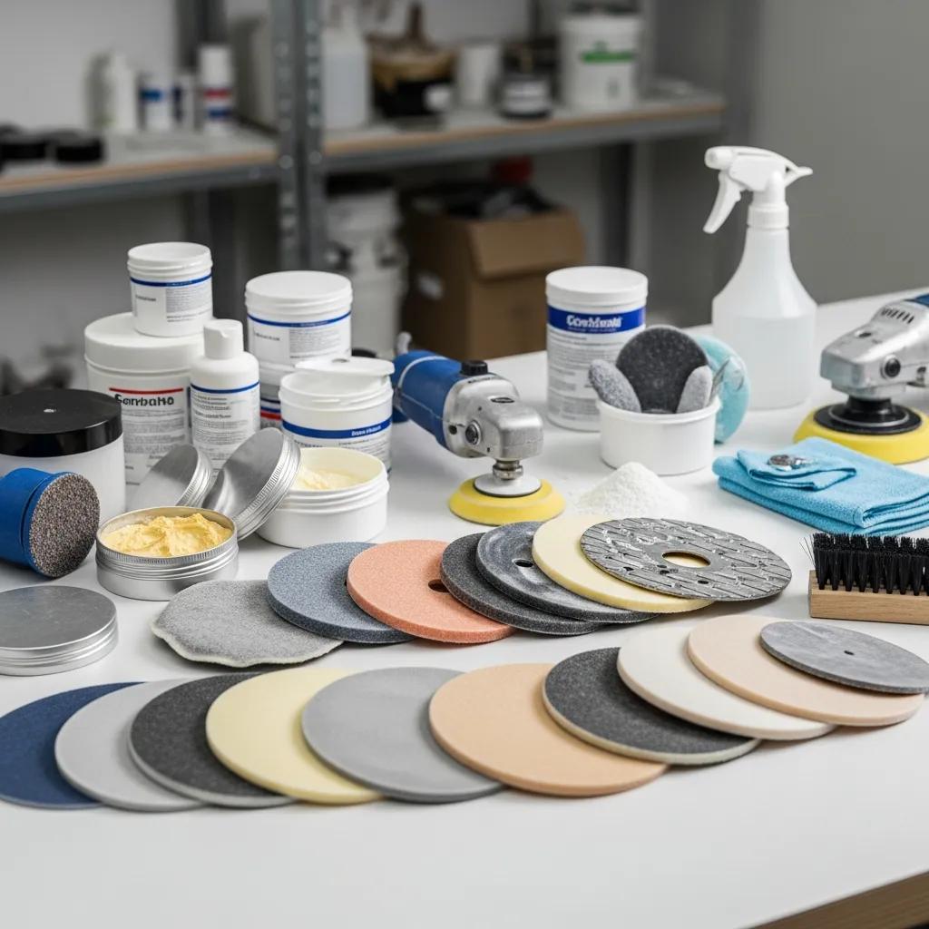 Marble polishing tools and products used for advanced techniques in stone care