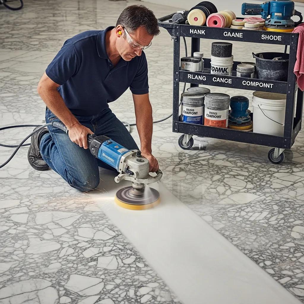 Marble specialist using advanced polishing equipment on a marble surface, demonstrating expertise in restoration