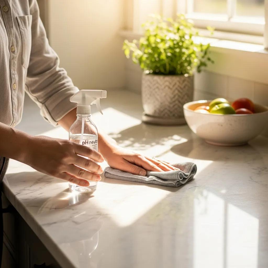 Person cleaning a marble surface with pH-neutral cleaner, demonstrating maintenance tips