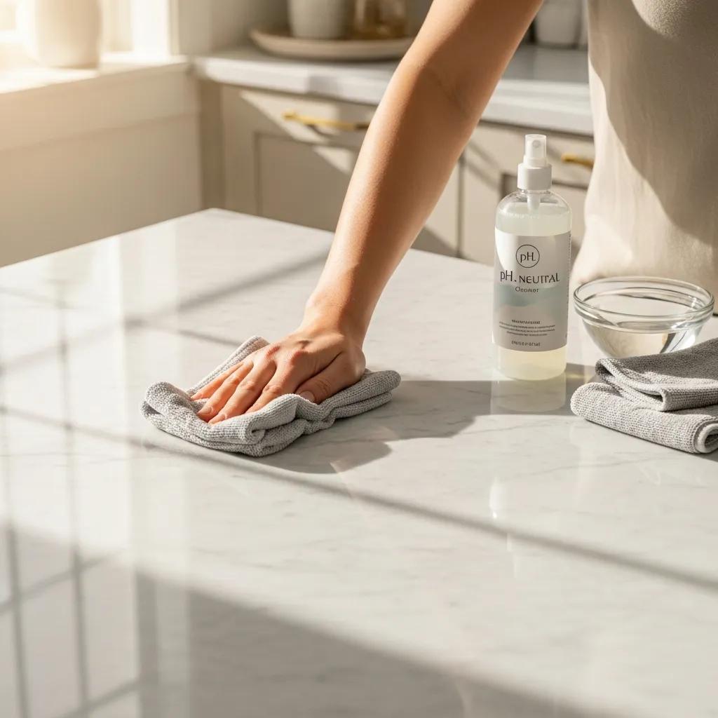 Person cleaning a sealed marble surface with a pH-neutral cleaner, demonstrating maintenance best practices