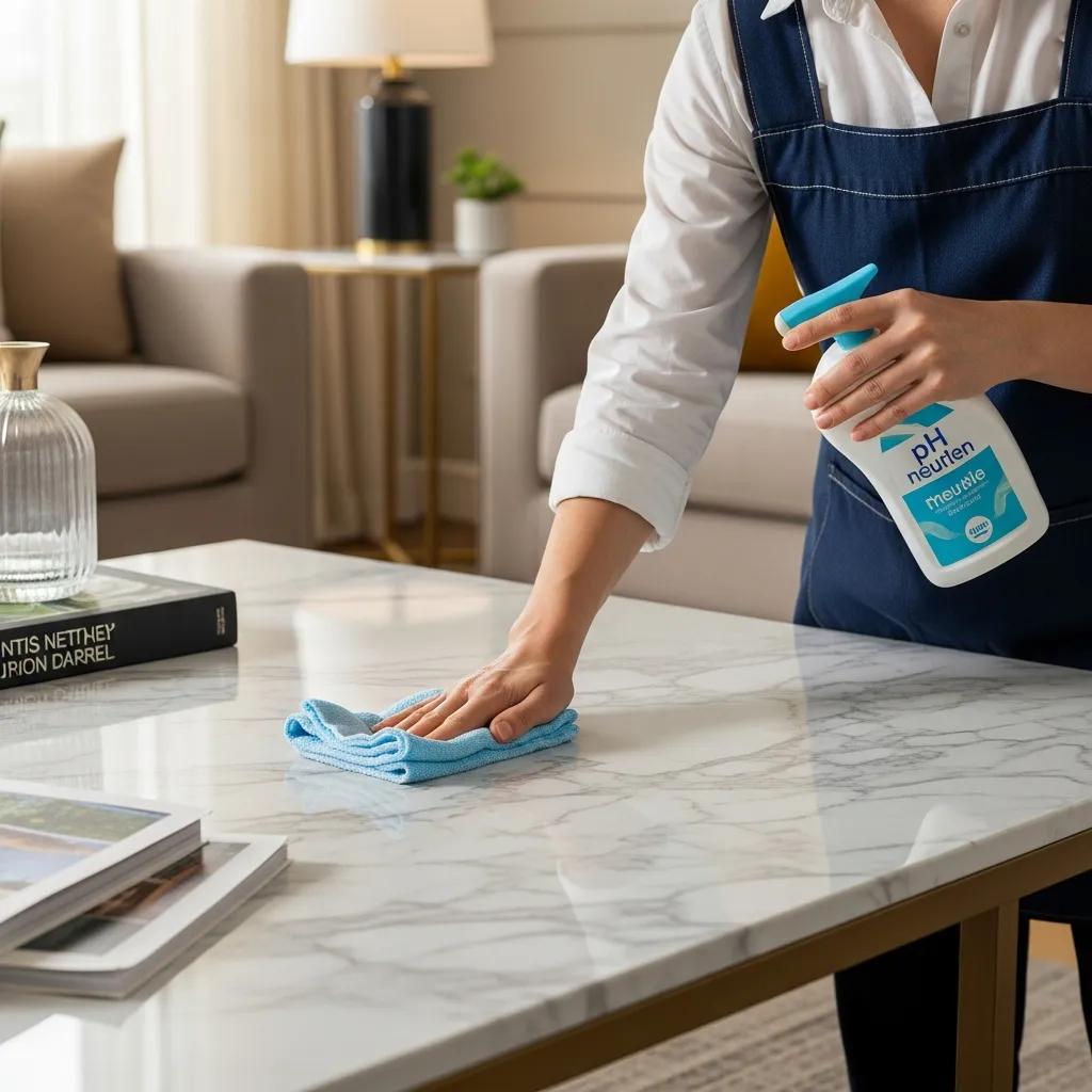 Person cleaning a well-maintained anti-etched marble surface in a stylish living room