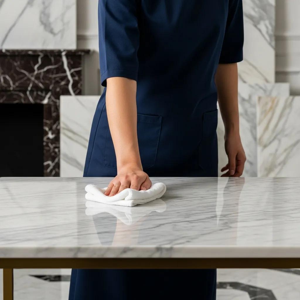 Person maintaining marble surface with a soft cloth, illustrating daily care practices for marble protection