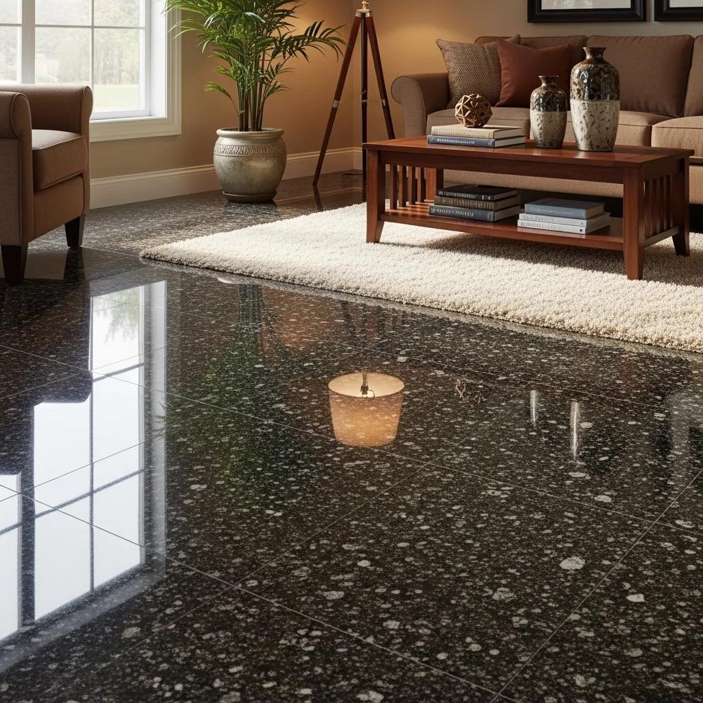 Polished granite floor in a residential space highlighting the reflective surface and elegance