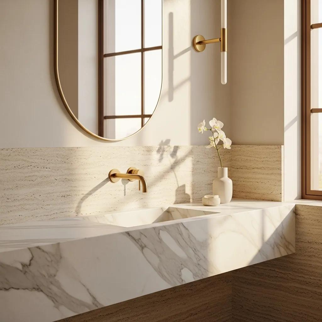 Polished marble and limestone surfaces in a luxurious bathroom setting