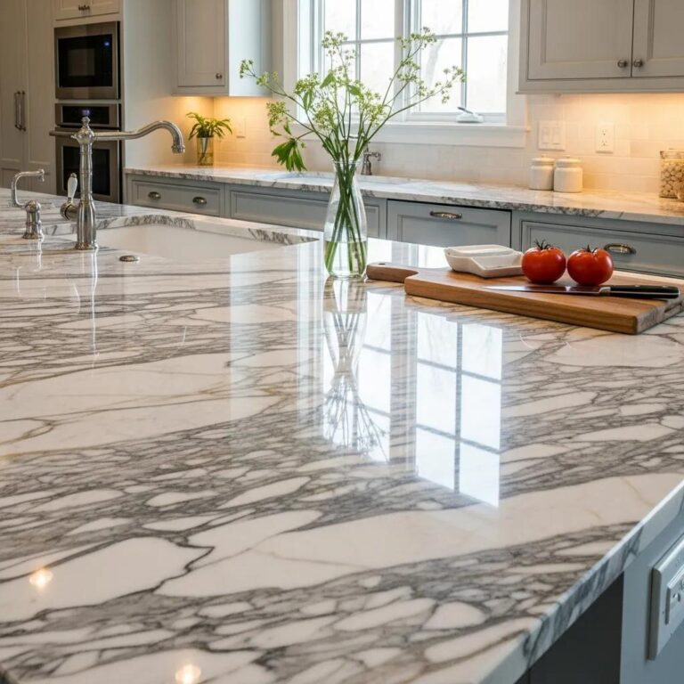 Polished marble countertop in a bright kitchen, showcasing the beauty of marble surfaces