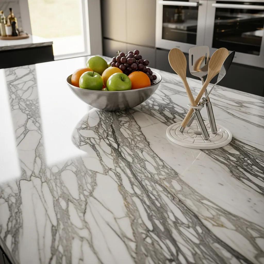 Polished marble countertop in a modern kitchen, emphasizing its beauty and durability