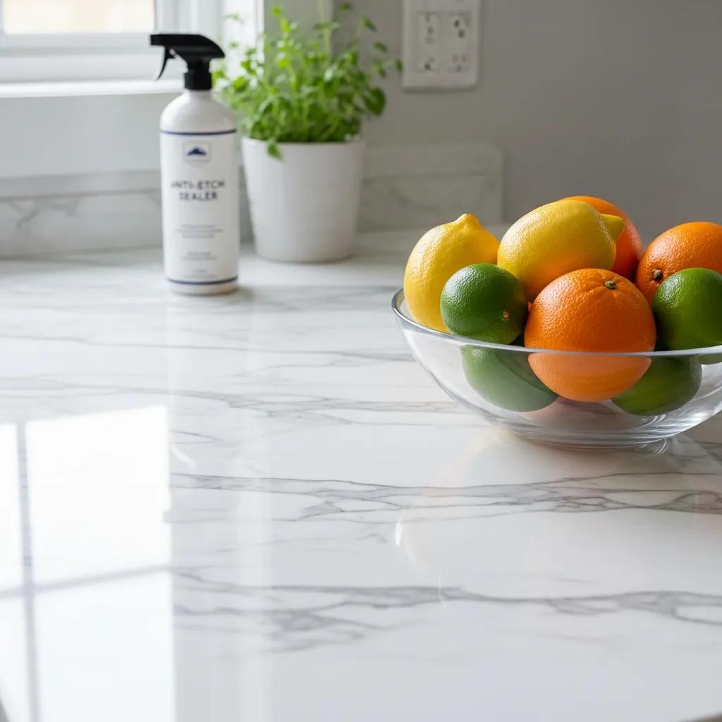 Polished marble countertop in a modern kitchen, emphasizing the importance of anti-etch sealing
