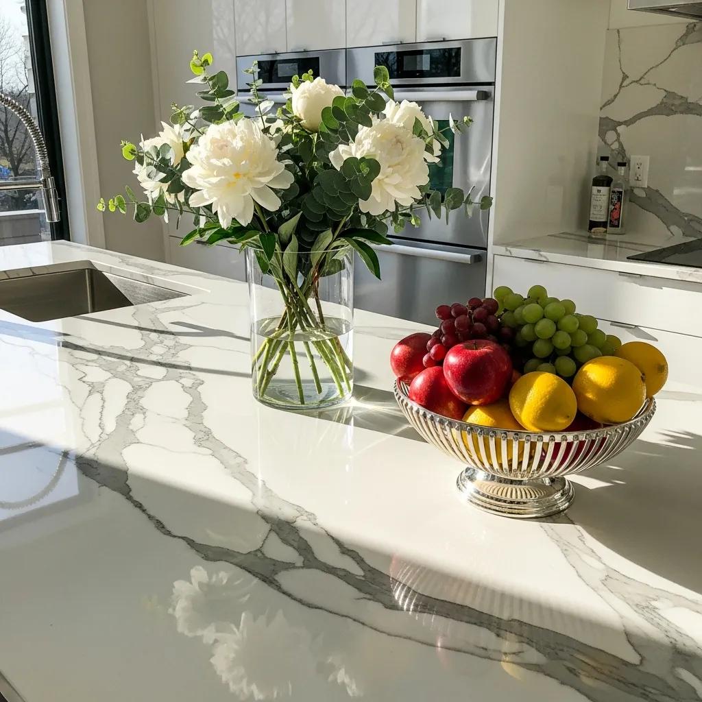 Polished marble countertop in a modern kitchen, highlighting anti-etch sealing benefits