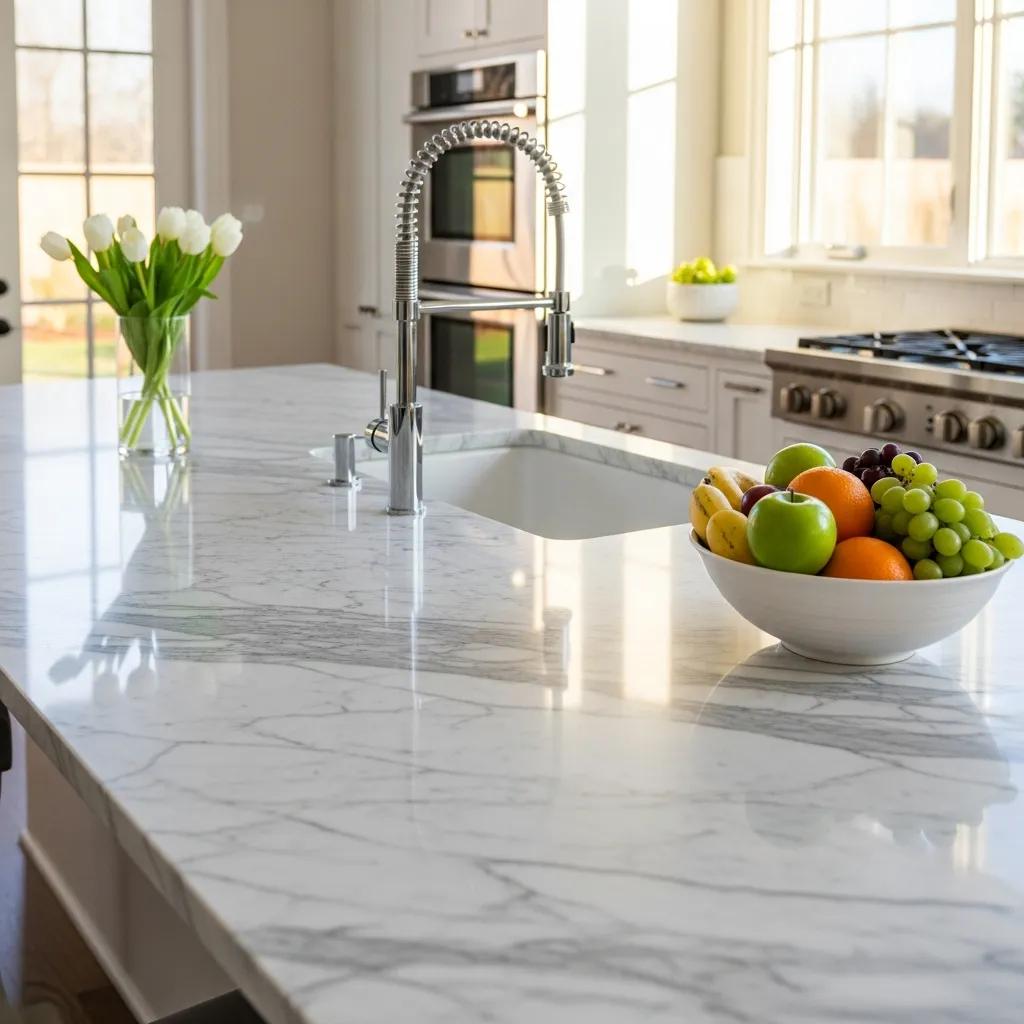 Polished marble countertop in a modern kitchen, highlighting its beauty and durability