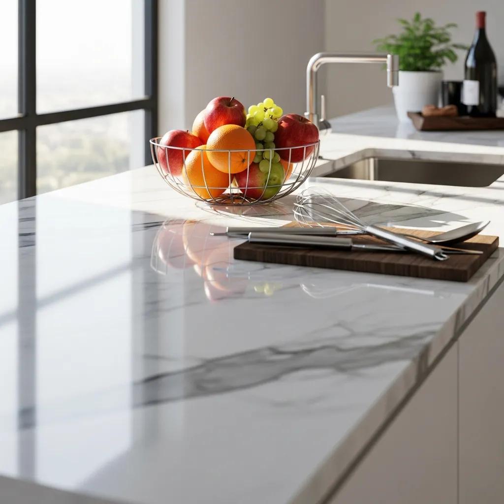 Polished marble countertop in a modern kitchen, highlighting its beauty and shine