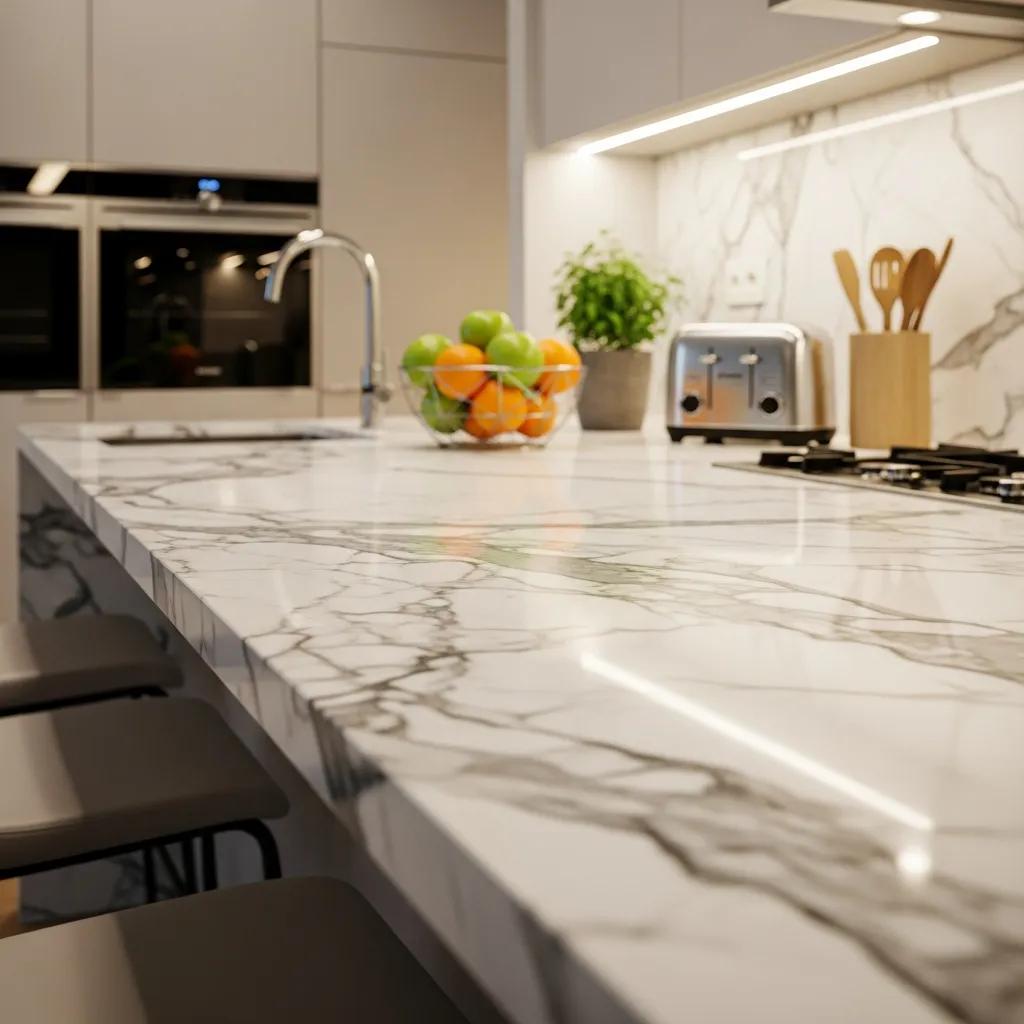 Polished marble countertop in a modern kitchen, showcasing anti-etch sealing benefits