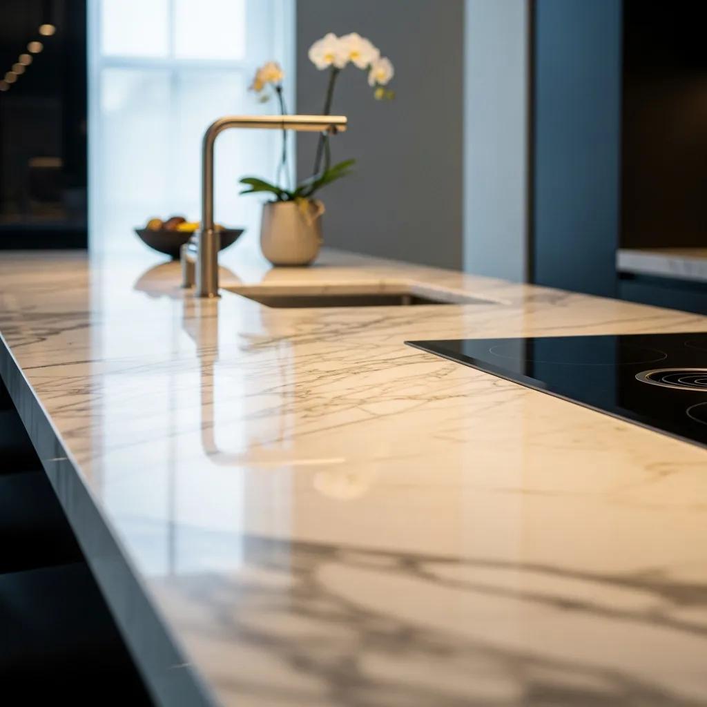 Polished marble countertop in a modern kitchen, showcasing anti-etch sealing benefits