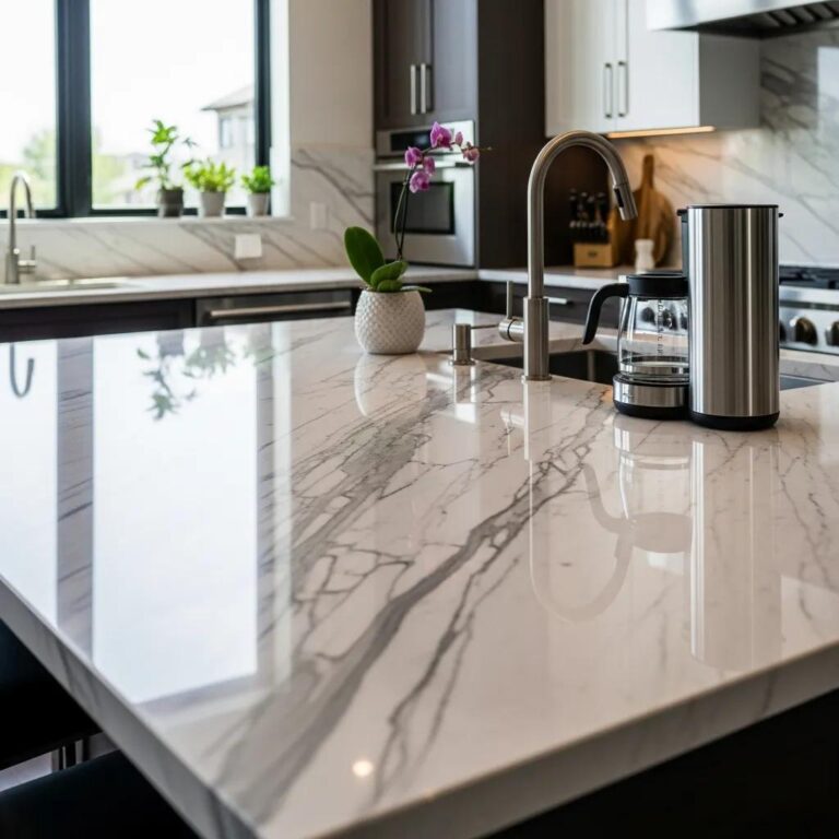 Polished marble countertop in a modern kitchen, showcasing its beauty and shine