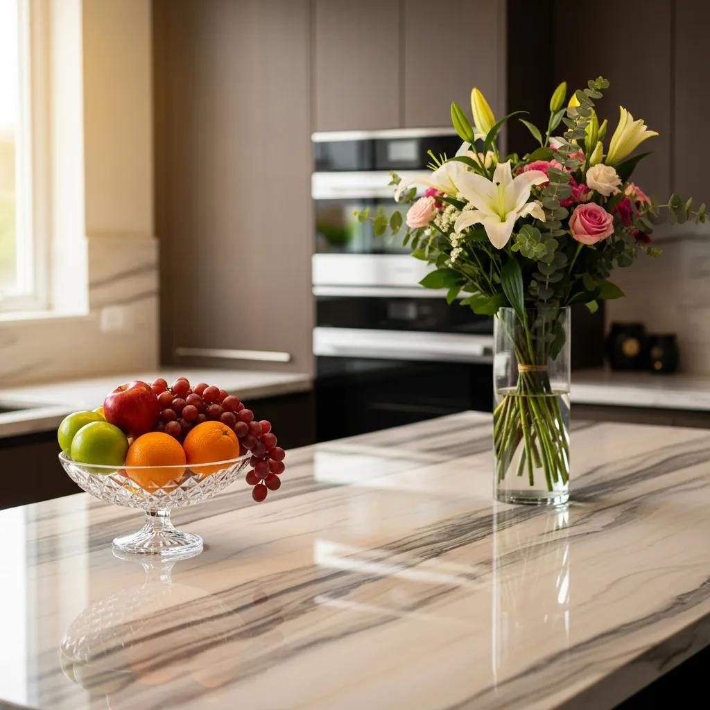 Polished marble countertop in a modern kitchen, showcasing its elegance and beauty