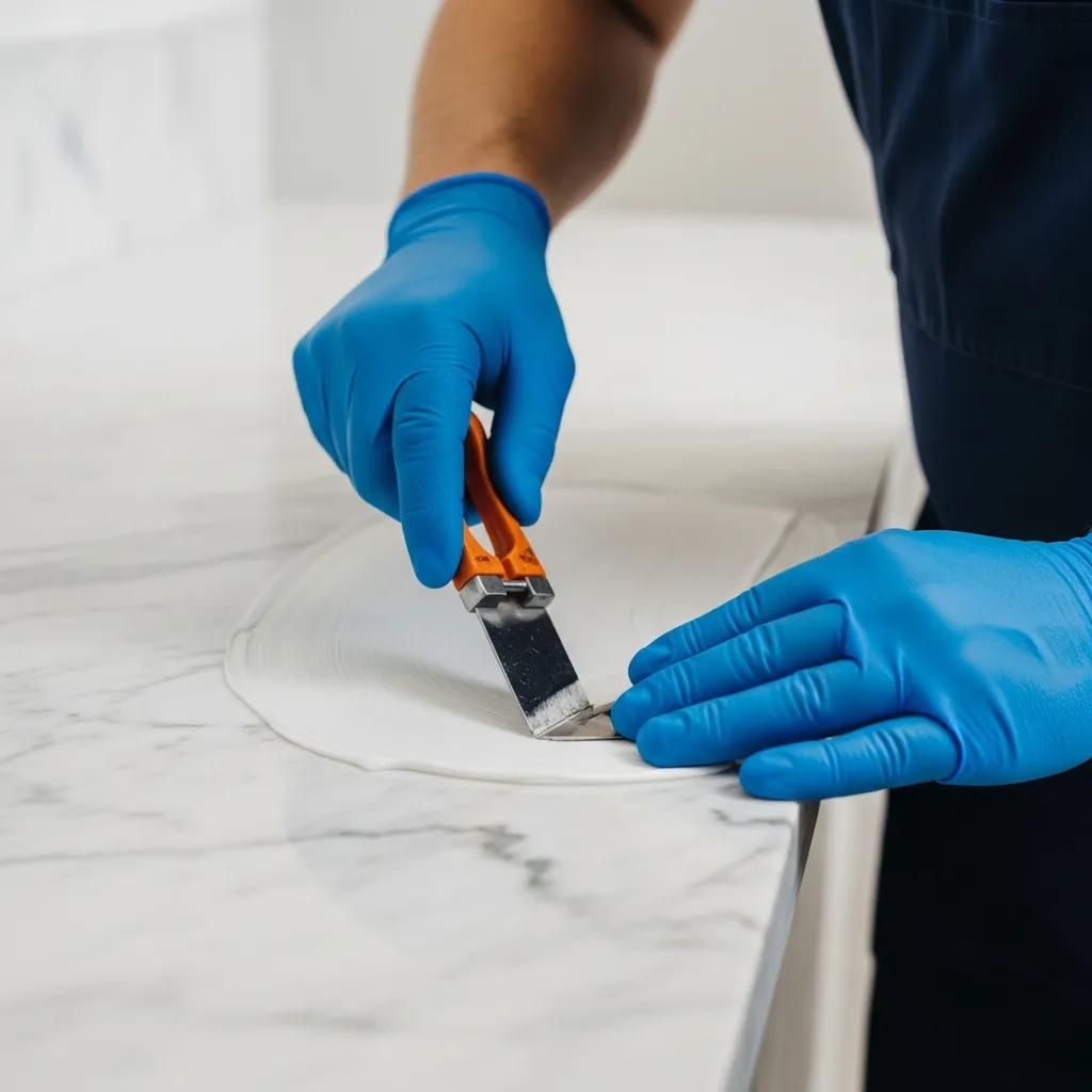 Professional applying anti-etch coating to a marble countertop, showcasing the meticulous sealing process