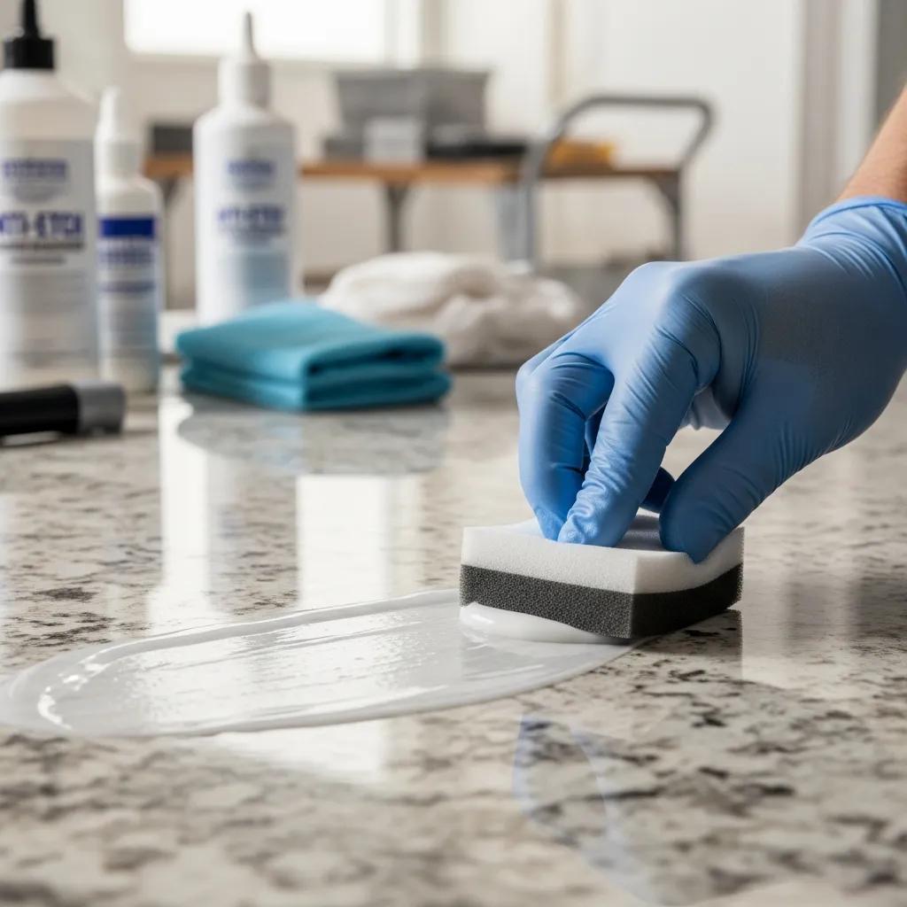 Professional applying anti-etch sealant on a stone surface with precision tools
