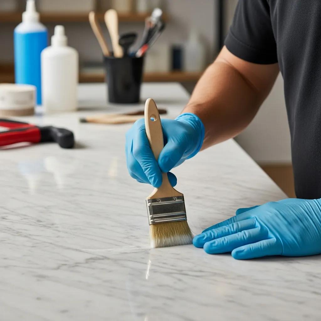 Professional applying anti-etch sealant to a marble countertop, demonstrating the sealing process