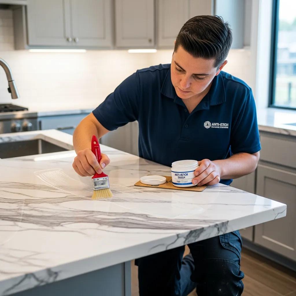 Professional applying anti-etch sealant to a marble countertop, demonstrating the sealing process