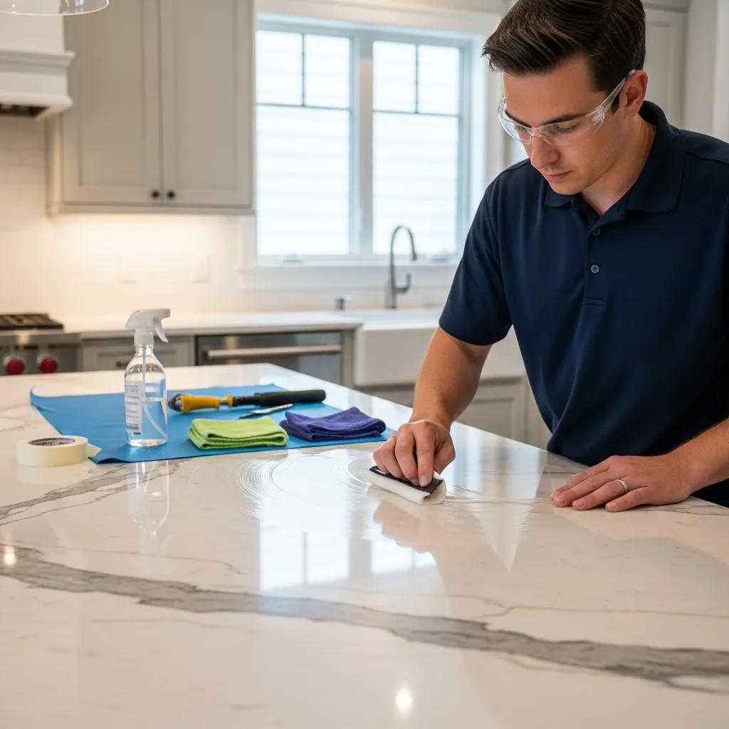 Professional applying anti-etch sealant to a marble countertop during the sealing process