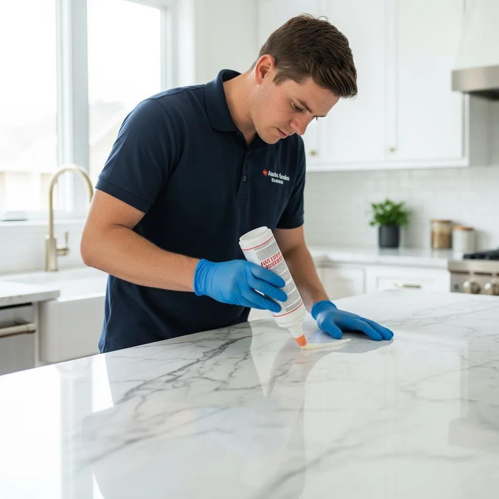 Professional applying anti-etch sealant to a marble countertop in a modern kitchen