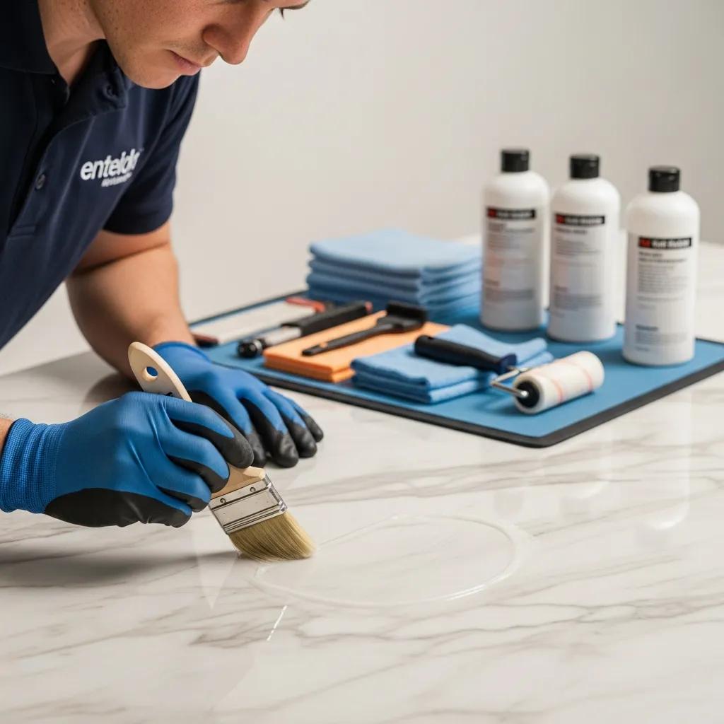 Professional applying anti-etch sealant to a marble surface demonstrating the sealing process