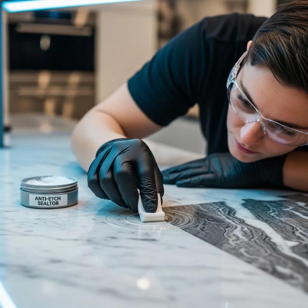 Professional applying anti-etch sealant to a marble surface, demonstrating the sealing process