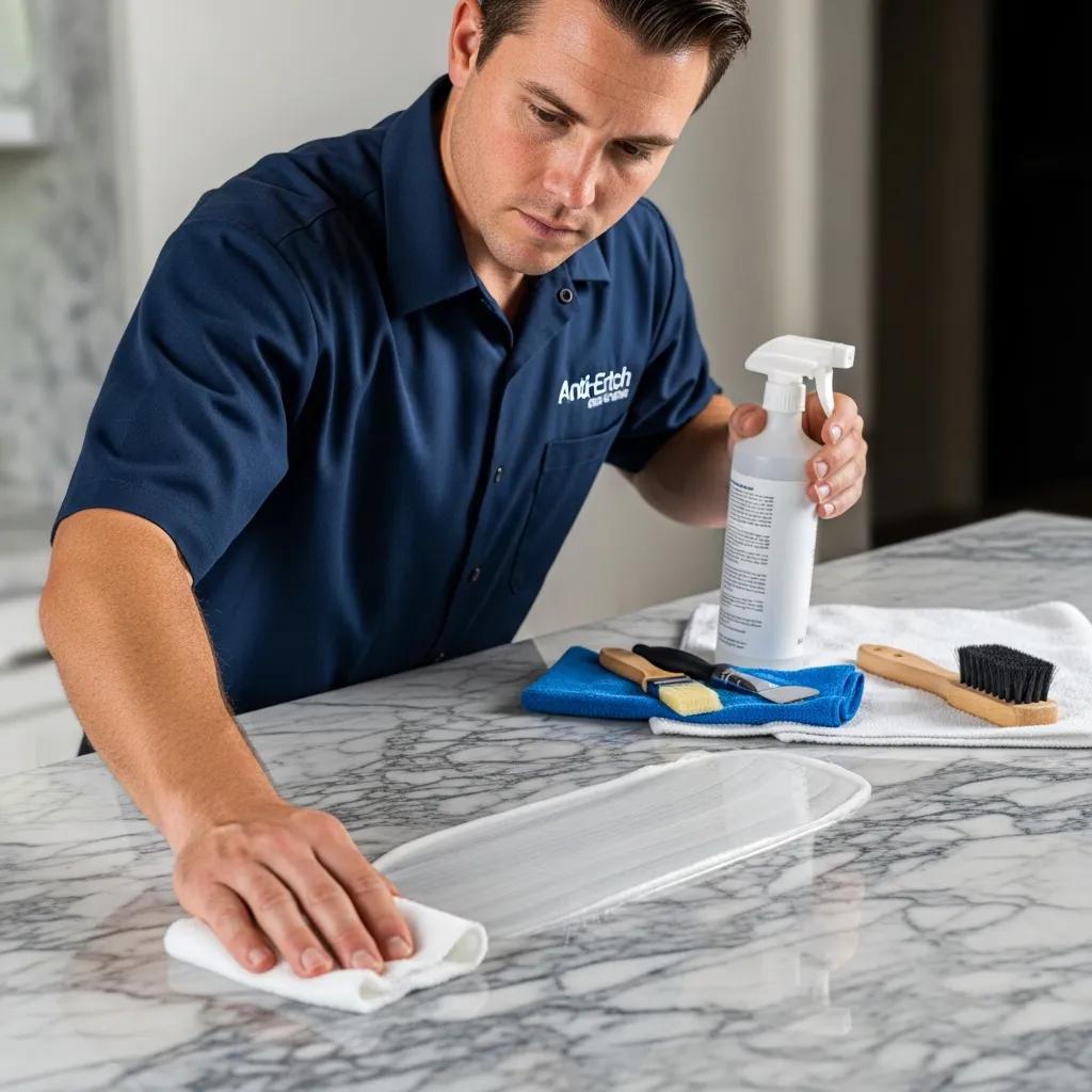 Professional applying anti-etch sealant to a marble surface, illustrating the meticulous stone care process