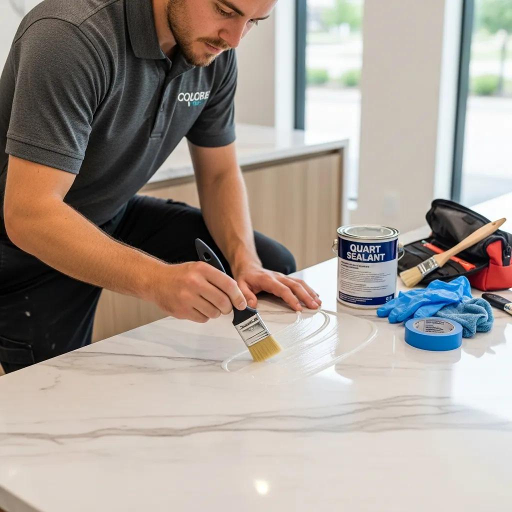 Professional applying anti-etch sealant to a marble surface, illustrating the step-by-step sealing process
