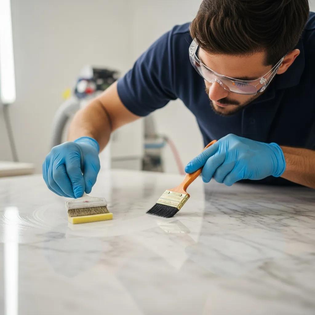 Professional applying anti-etch sealant to a marble surface in Manhattan