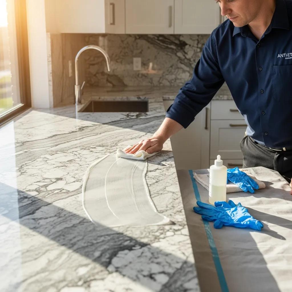 Professional applying anti-etch sealant to a stone countertop in a modern kitchen