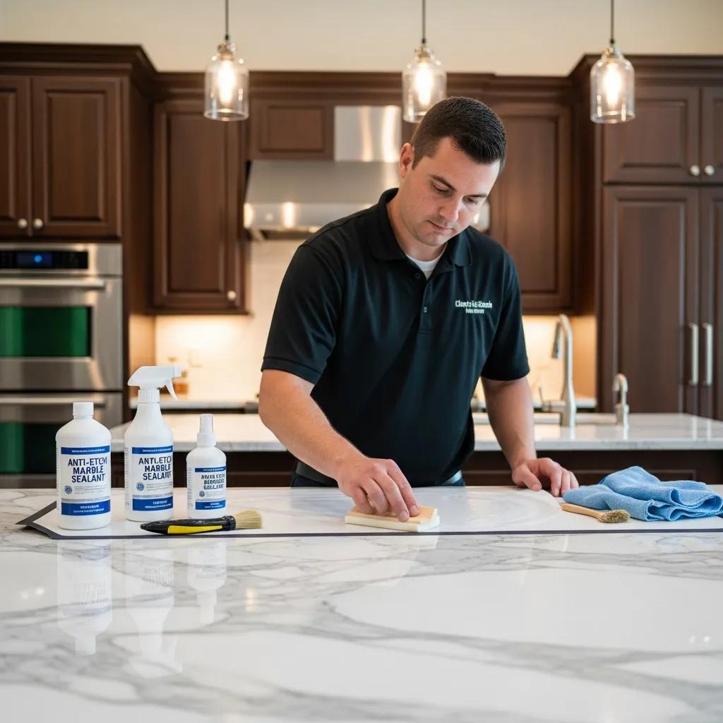 Professional applying anti-etch sealant to marble countertop in Tribeca