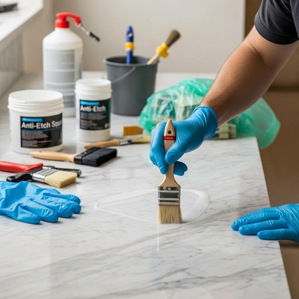 Professional applying anti-etch sealant to marble, demonstrating the sealing process and its importance