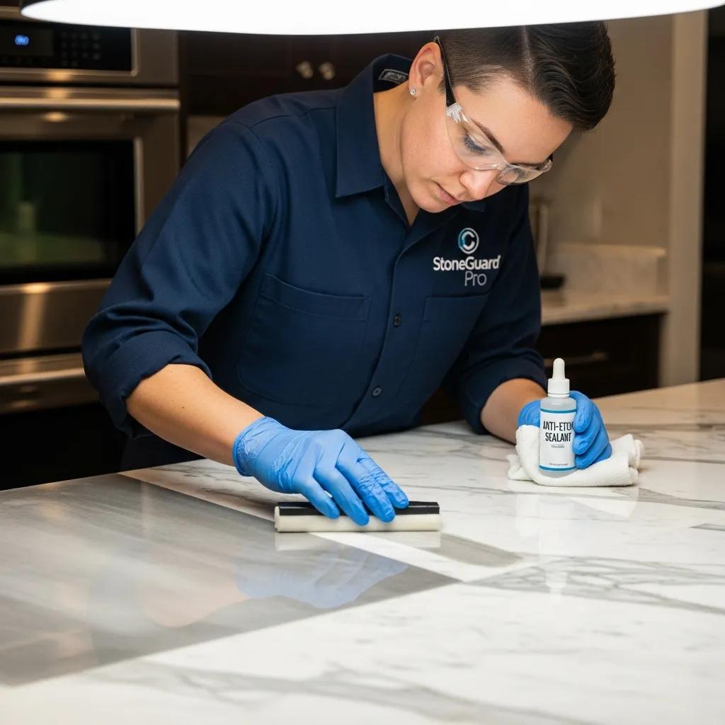 Professional applying anti-etch sealant to marble, demonstrating the sealing process