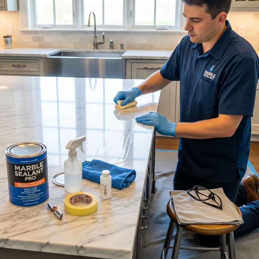 Professional applying anti-etch sealant to marble, demonstrating the sealing process for marble protection