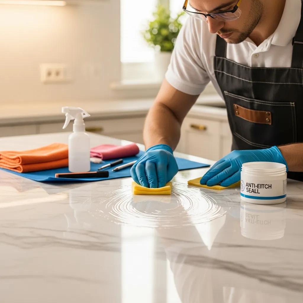 Professional applying anti-etch sealant to marble, illustrating the sealing process
